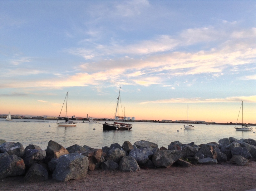 View of San Diego Bay from Shelter Island at sunset